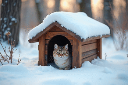 Abri en bois pour chat sous la neige avec un chat timide