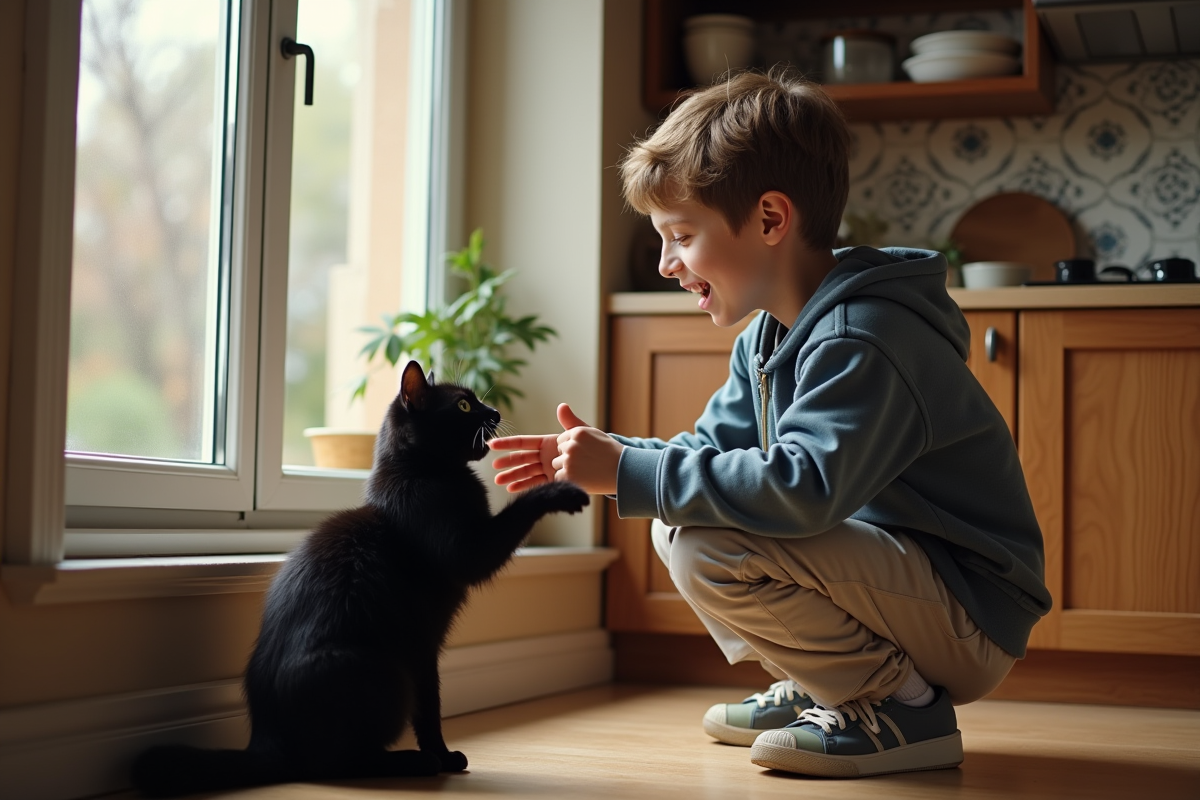 Adolescent tendant la main à un chat hurlant dans la cuisine