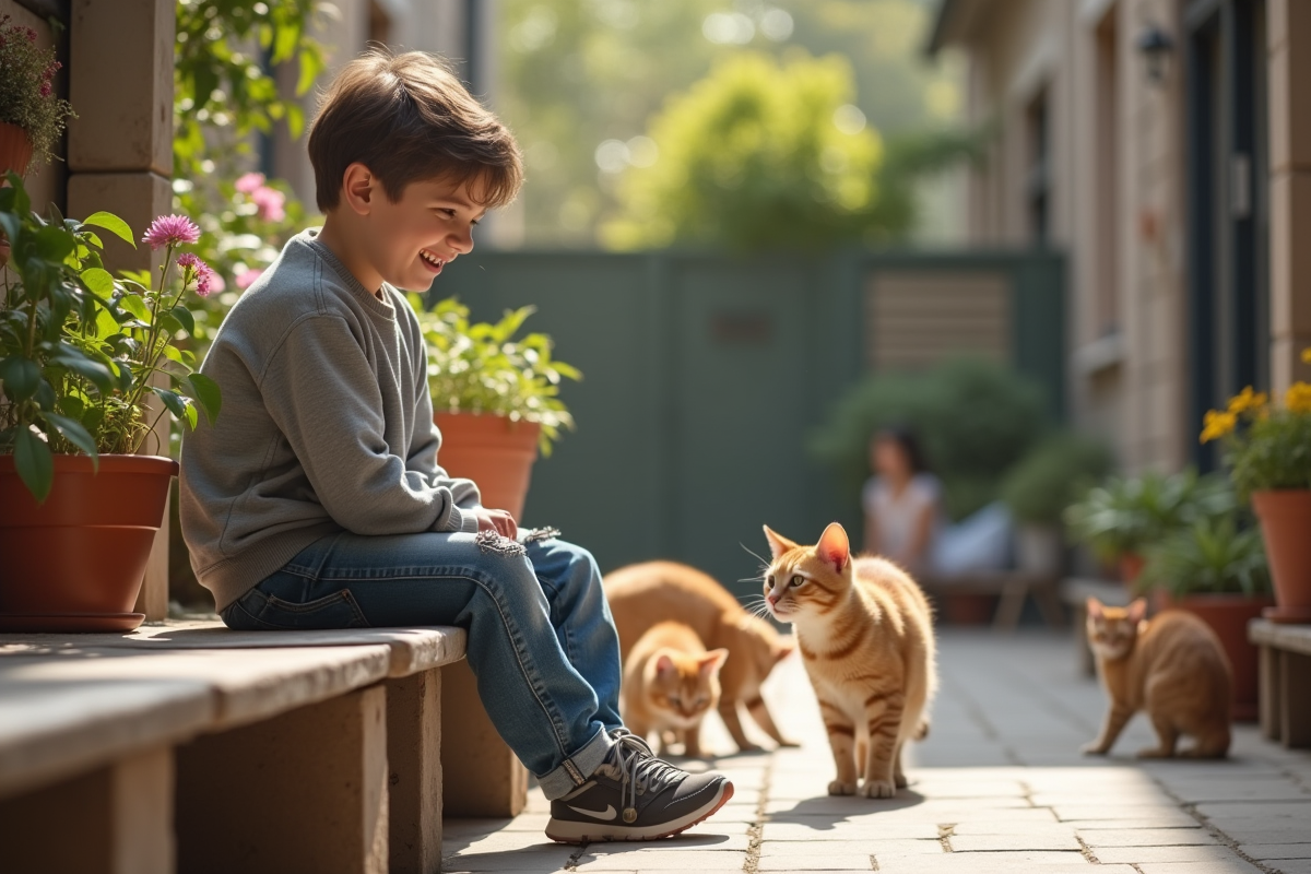 Adolescent jouant avec des chats dans la cour du refuge
