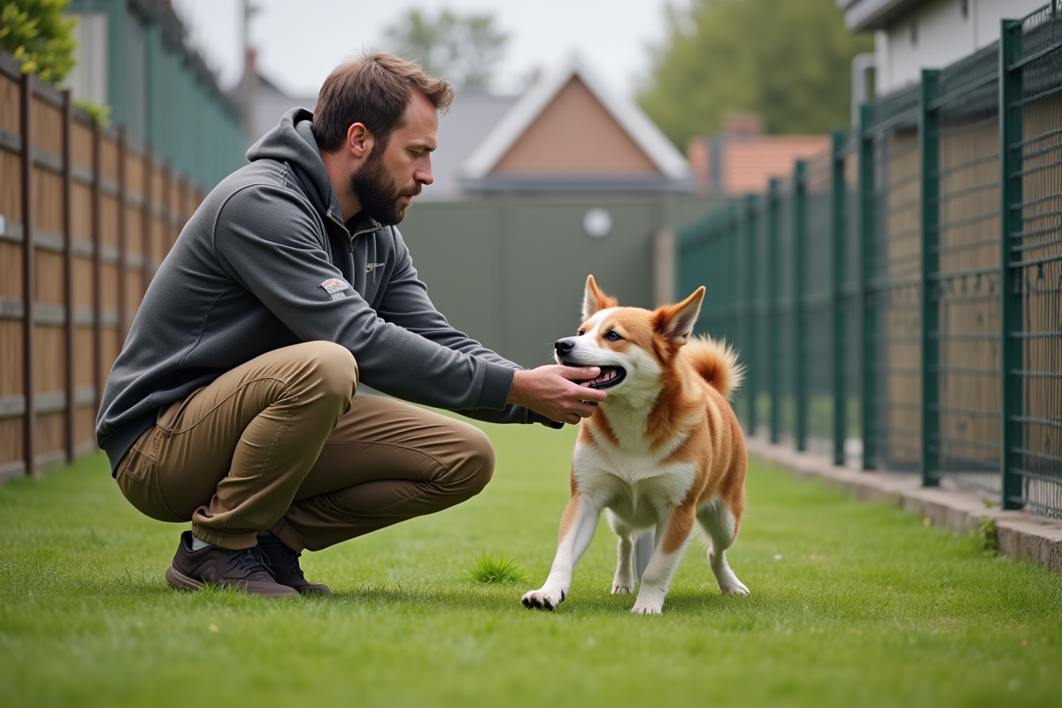 Agent animalier avec un chien dans un espace extérieur