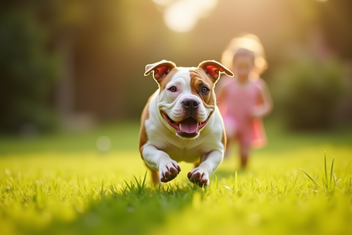 American Bulldog courant dans un jardin ensoleille avec un enfant