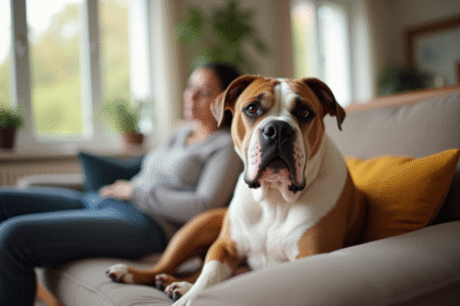 American Bulldog assis sur un canapé dans un salon lumineux