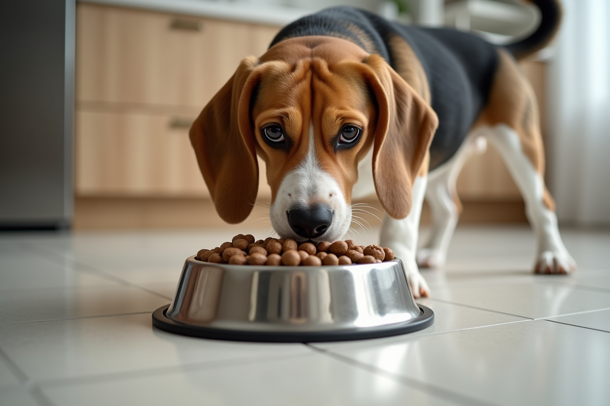 Beagle mangeant dans un bol en acier inoxydable