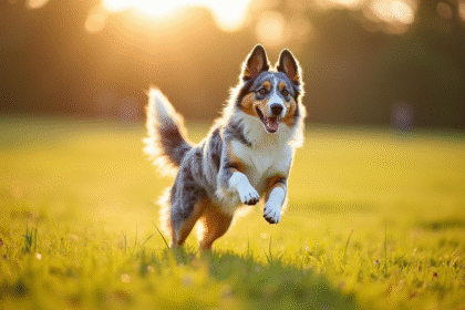 Chien berger australien bleu merle courant dans un champ ensoleille