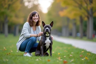 Staffordshire Bull Terrier bleu avec une femme dans un parc