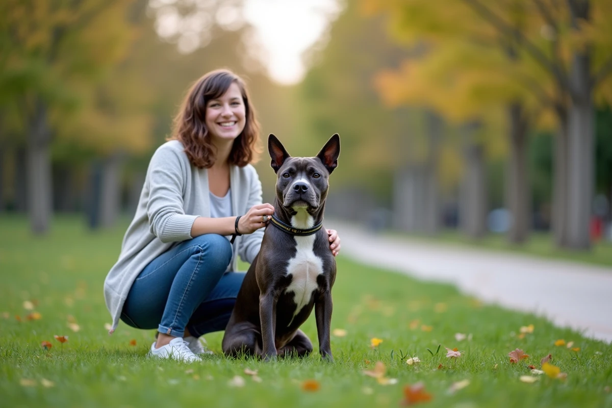 Staffordshire Bull Terrier bleu avec une femme dans un parc
