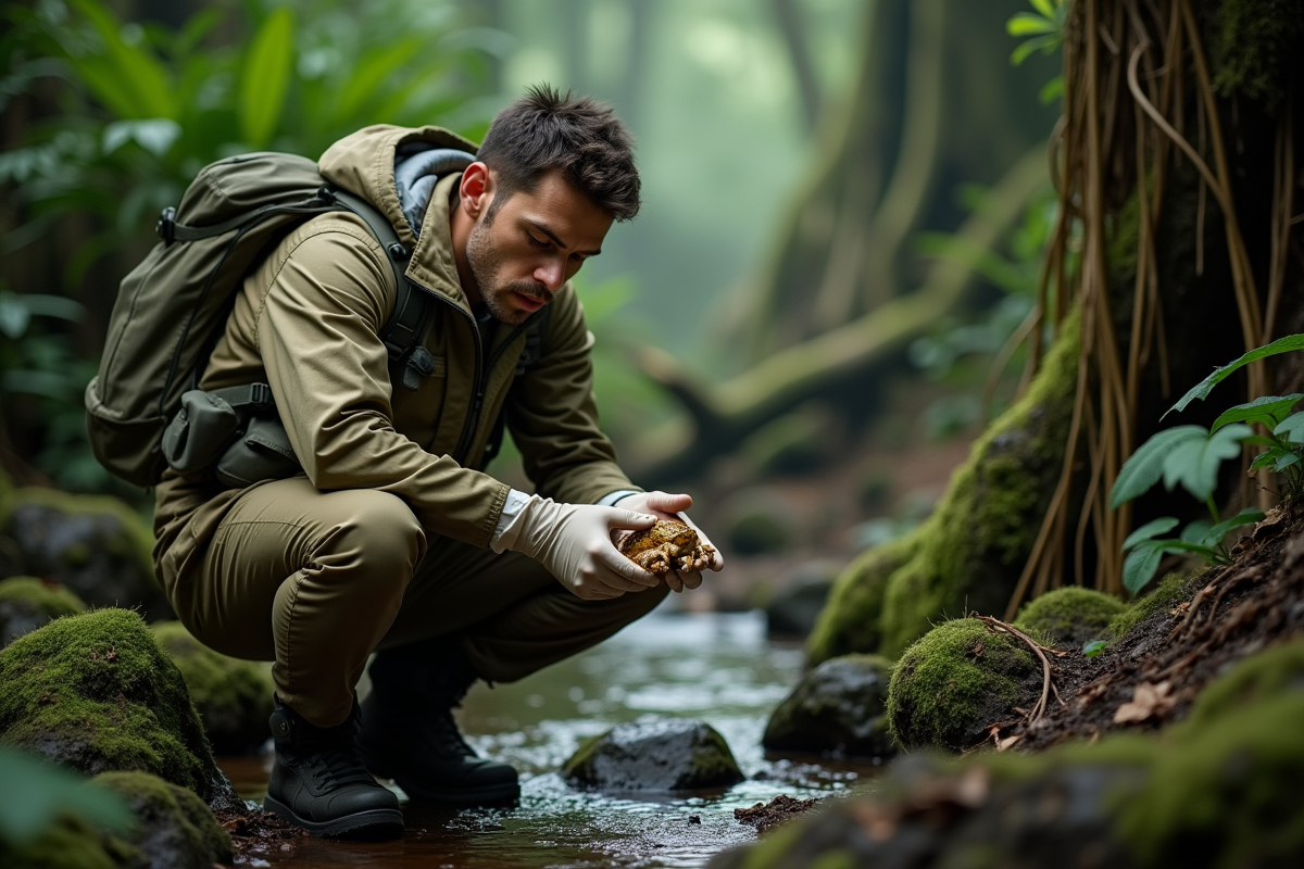 Jeune biologiste examinant un crapaud doré en forêt humide