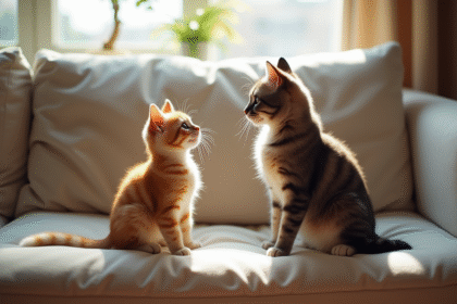 Chat nain assis sur un canapé avec un chat normal