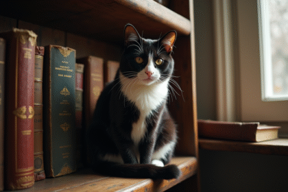 Chat noir blanc sur une vieille bibliothèque ancienne