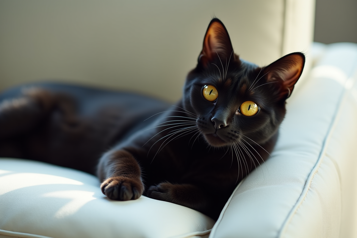Chat noir aux yeux jaunes allongé sur canapé blanc
