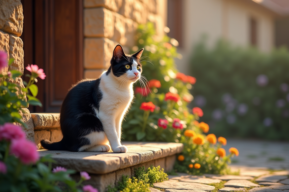 Chat noir blanc sur une porte en pierre devant une maison