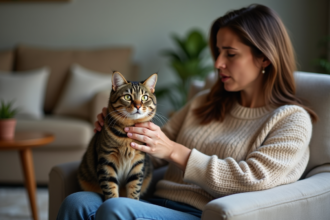 Chat tabby anxieux avec sa propriétaire dans le salon