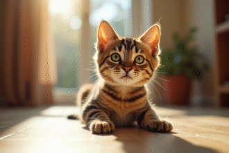 Chat tigré aux yeux verts sur sol en bois ensoleille