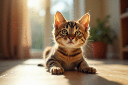 Chat tigré aux yeux verts sur sol en bois ensoleille