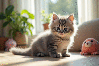 Chaton angora gris jouant dans un salon ensoleille