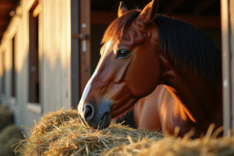 Cheval mangeant du foin frais dans une stalle ensoleillee
