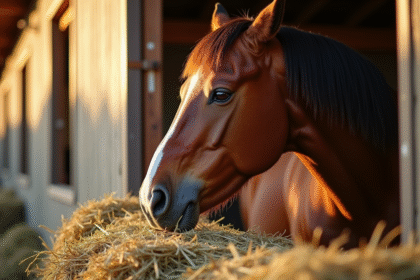 Cheval mangeant du foin frais dans une stalle ensoleillee