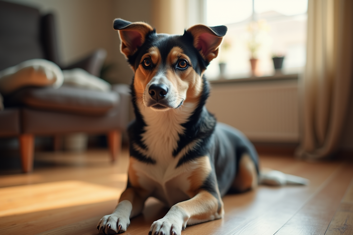 Chien adulte assis calmement sur un sol en bois intérieur