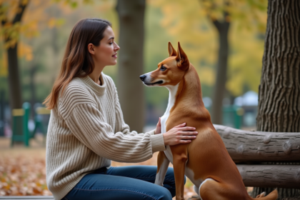 Chien Basenji et femme dans un parc automnal