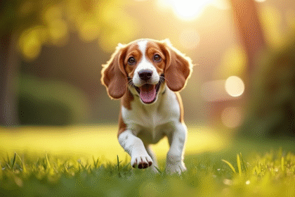 Beagle joyeux courant dans un jardin ensoleille