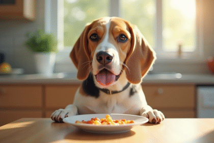 Beagle assis à la table cuisine en lumière naturelle