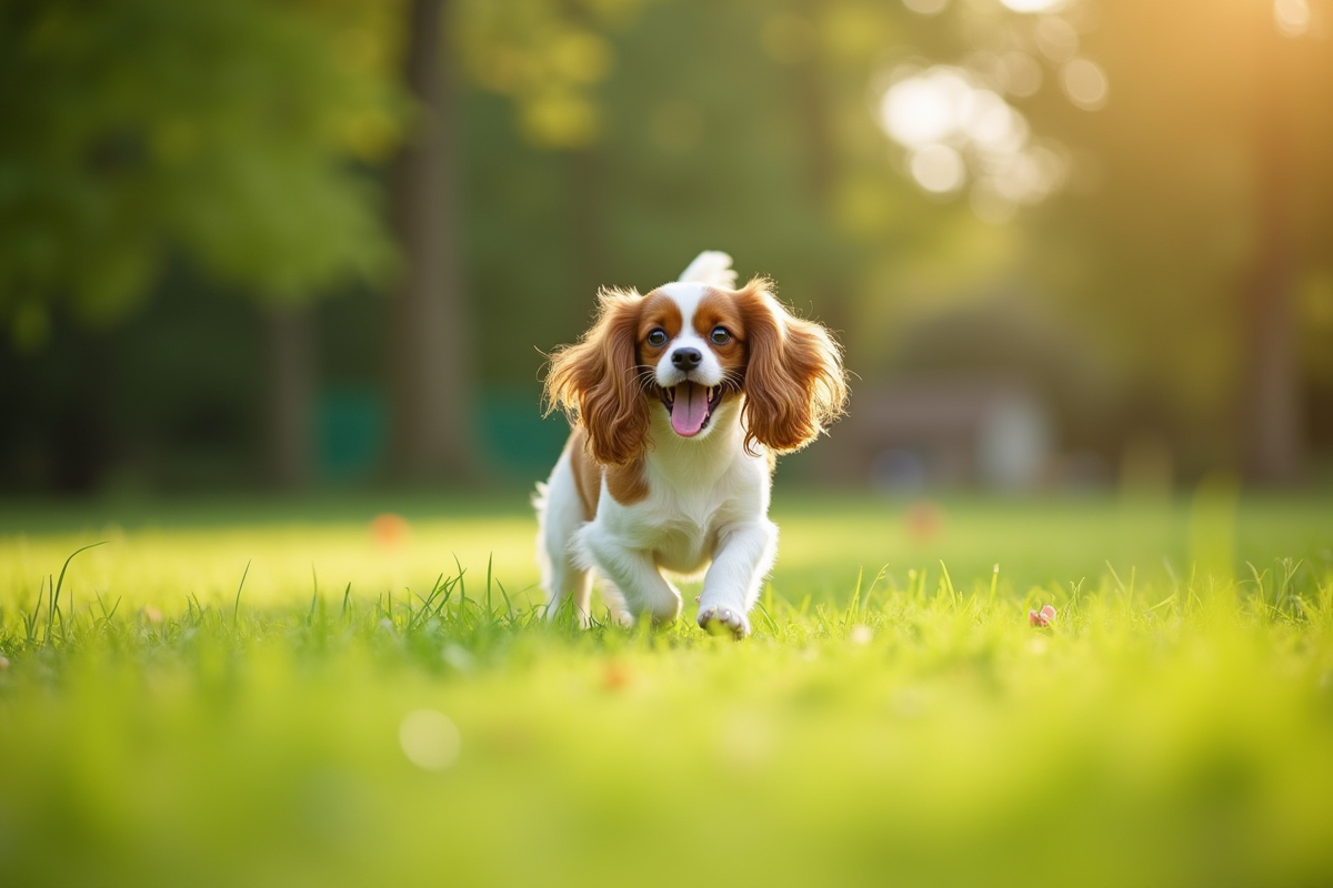 Chien cavalier jouant dans un parc vert en plein air
