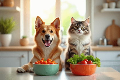 Chien et chat heureux près de bols de nourriture saine