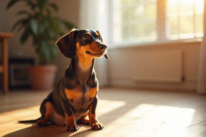 Kaninchen dachshund assis attentivement dans un salon lumineux