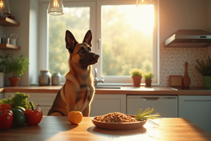 Chien Laekenois attentif dans la cuisine moderne