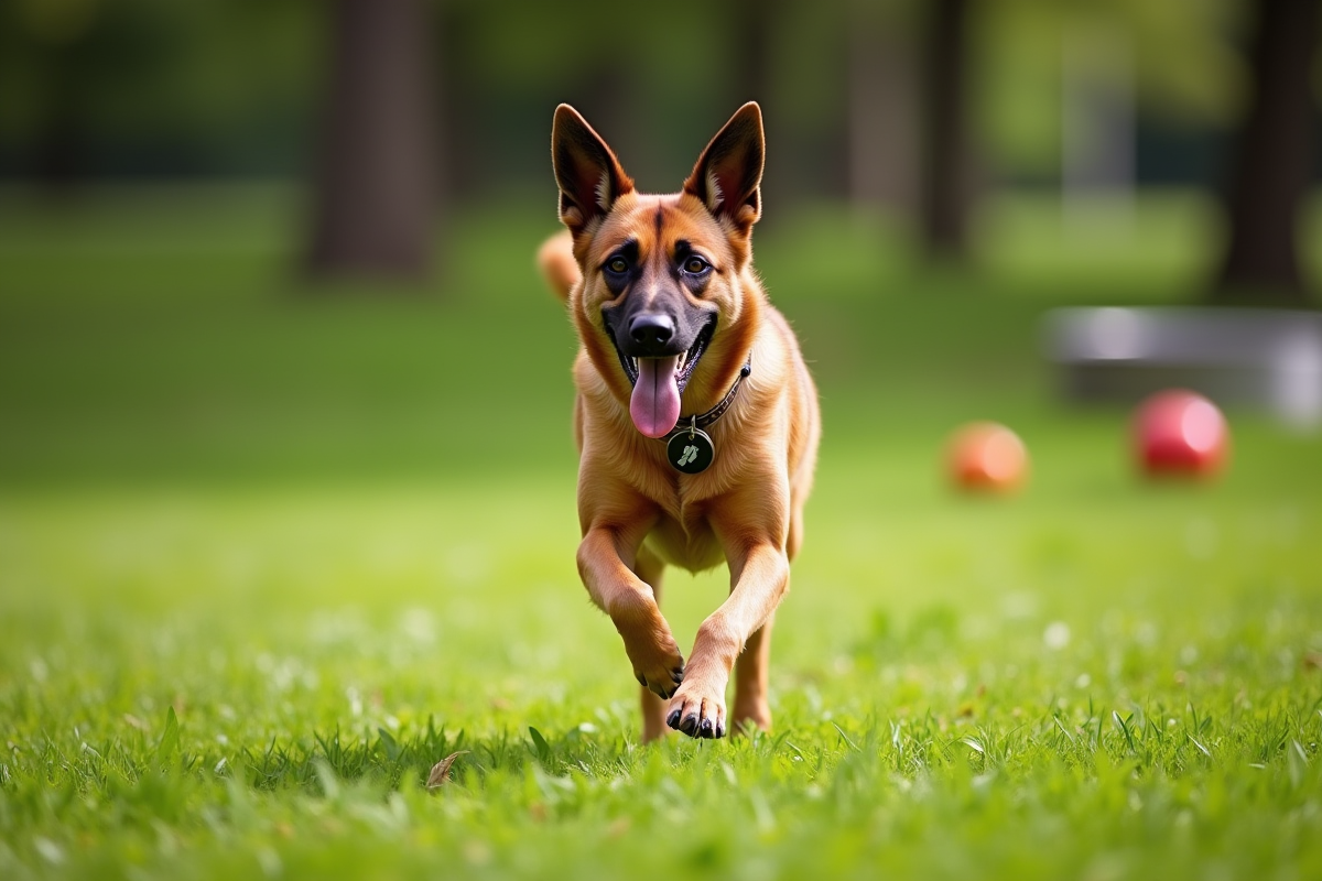 Chien Laekenois courant dans un parc vert en journée
