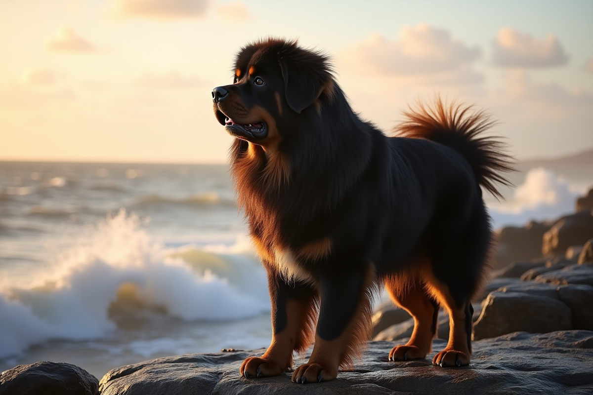 Chien Newfoundland sur la côte rocheuse avec vagues sauvages