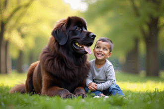 Chien Newfoundland assis avec un enfant dans un parc ensoleille