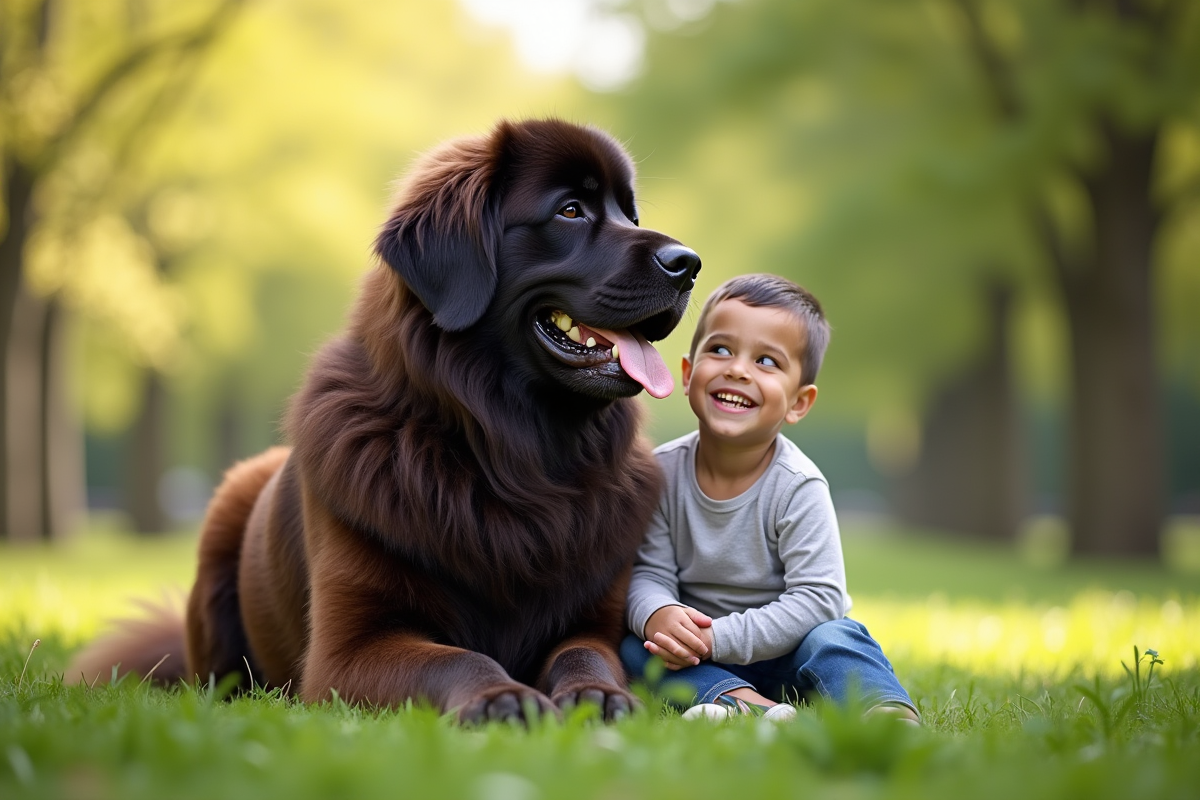Chien Newfoundland assis avec un enfant dans un parc ensoleille