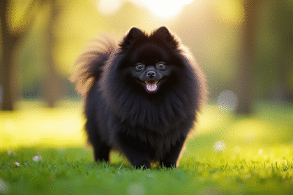 Chien pomeranian noir dans un parc ensoleille