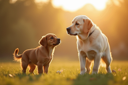 Labrador miniature et standard au matin en extérieur