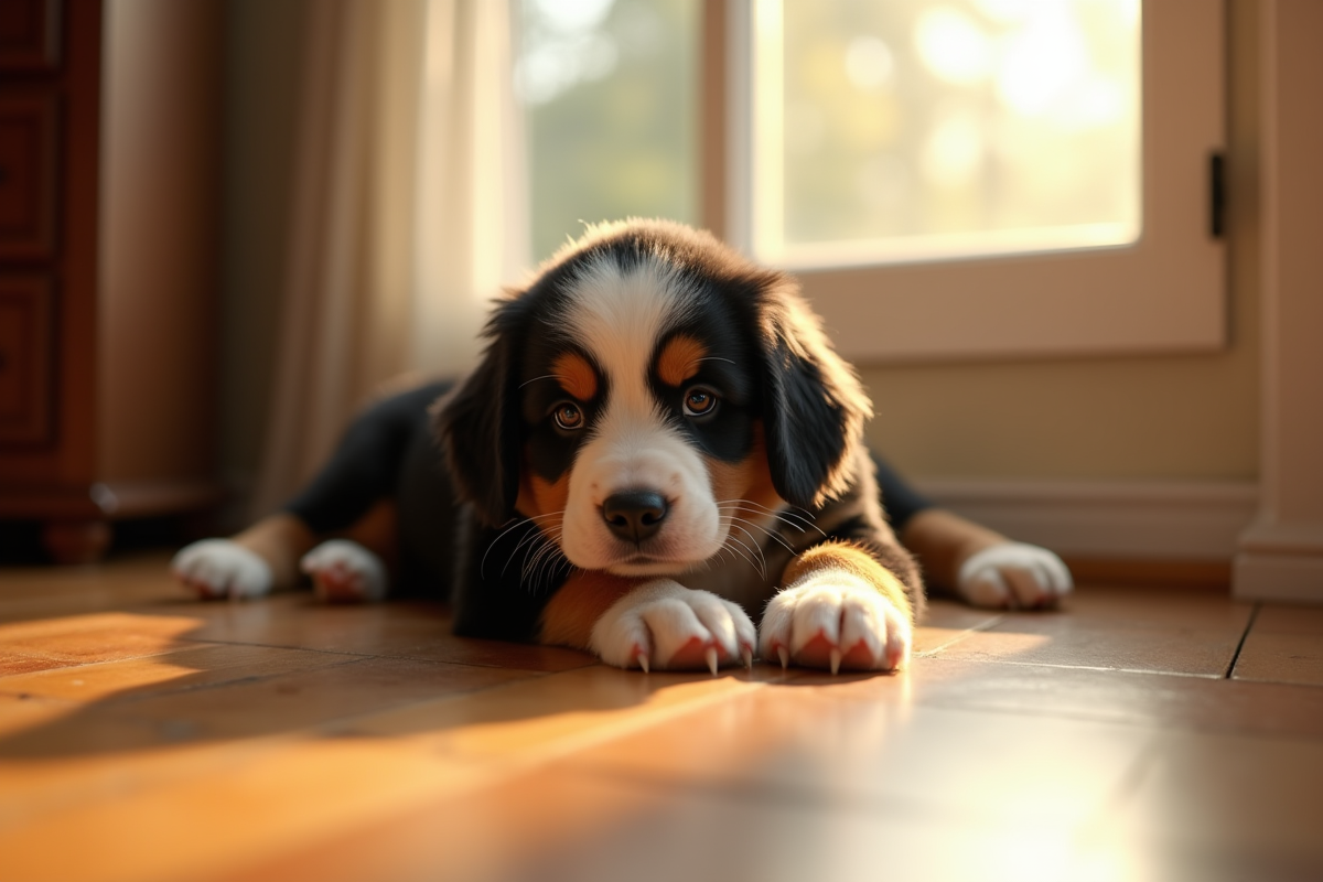 Chiot berger bernois repose près d une fenetre en interieur