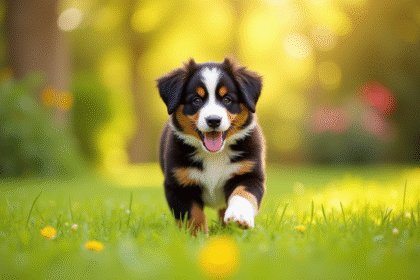 Chiot berger bernois courant dans un jardin ensoleille