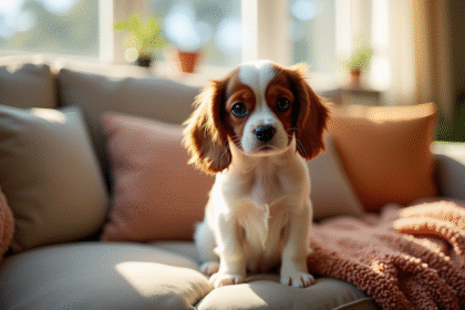 Petit chiot cavalier king charles sur un canapé lumineux