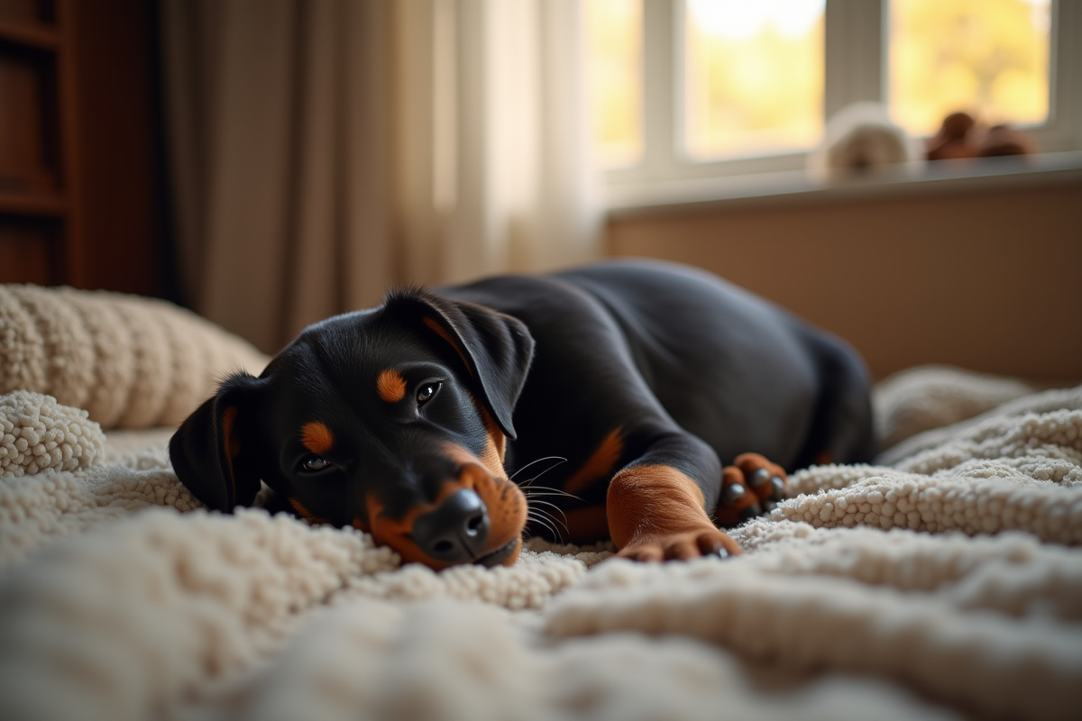 Chiot Doberman dort paisiblement dans un salon cosy
