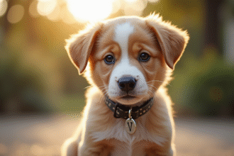 Jeune chiot mâle avec collier brillant et médaille visible