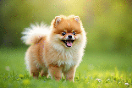 Chiot pomeranian pelucheux en plein jour lumineux