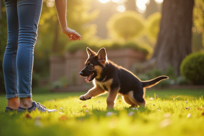 Chiot berger allemand en extérieur avec une femme