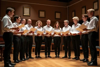 Chorale adulte en répétition tenant des partitions de la chanson du Cheval en version instrumentale
