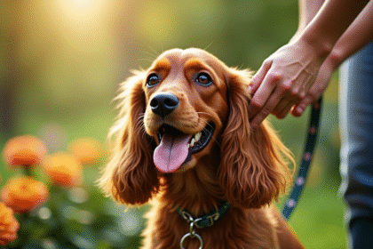 Chien cocker spaniel brossé dans un jardin ensoleille