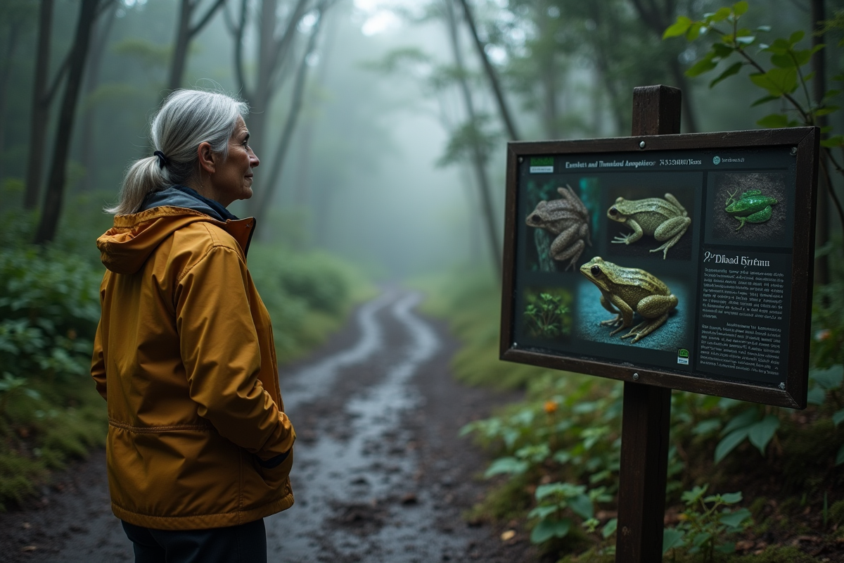 Conservationniste observant panneau sur espèces menacées