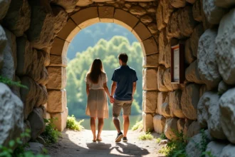 Couple curieux devant l'Arche de Méo en nature