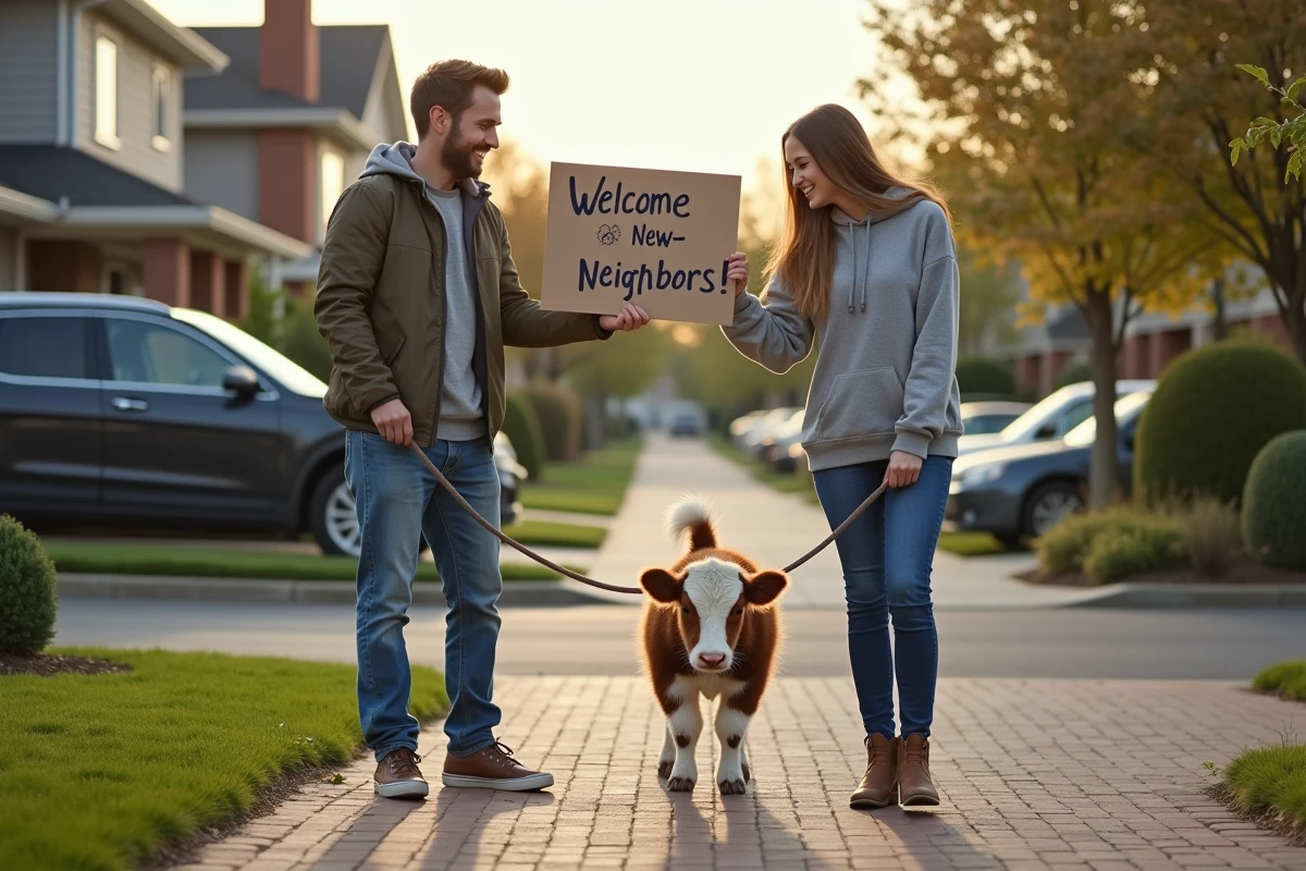 Jeune couple avec vache et panneau de bienvenue