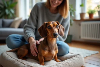 Chien teckel miniature brossé par une femme dans un salon chaleureux