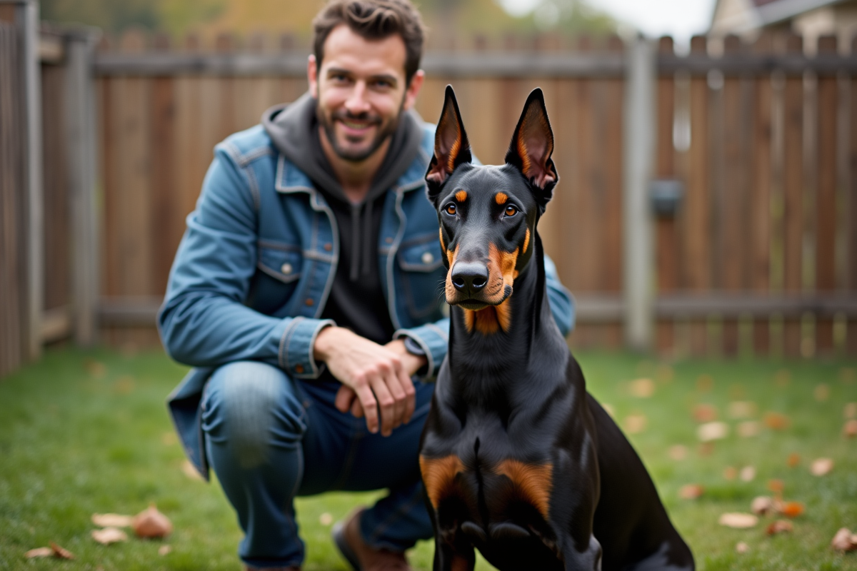 Jeune Dobermann assis avec son propriétaire dans le jardin
