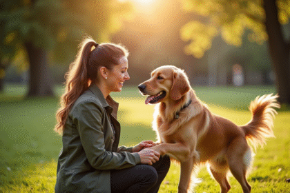 Dresseur amical avec un golden retriever dans un parc ensoleille